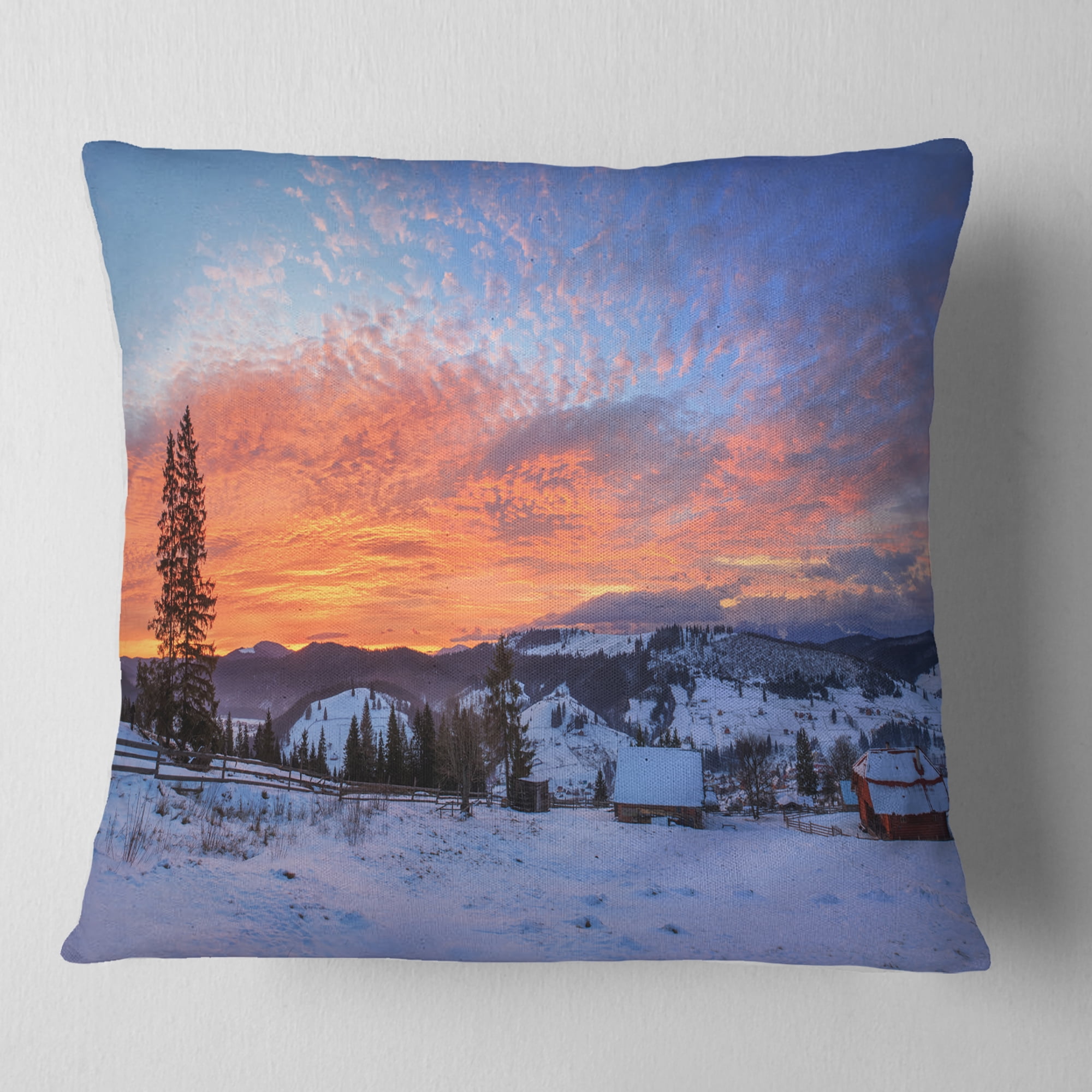 Designart Snowy Colorful Dawn in Mountains - Landscape Printed Throw Pillow - 18x18
