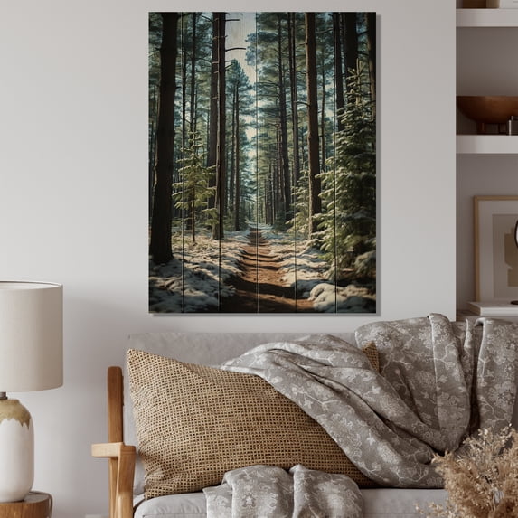 Designart "Snowy Evergreen in Winter IV" Landscapes Print on Natural Pine Wood