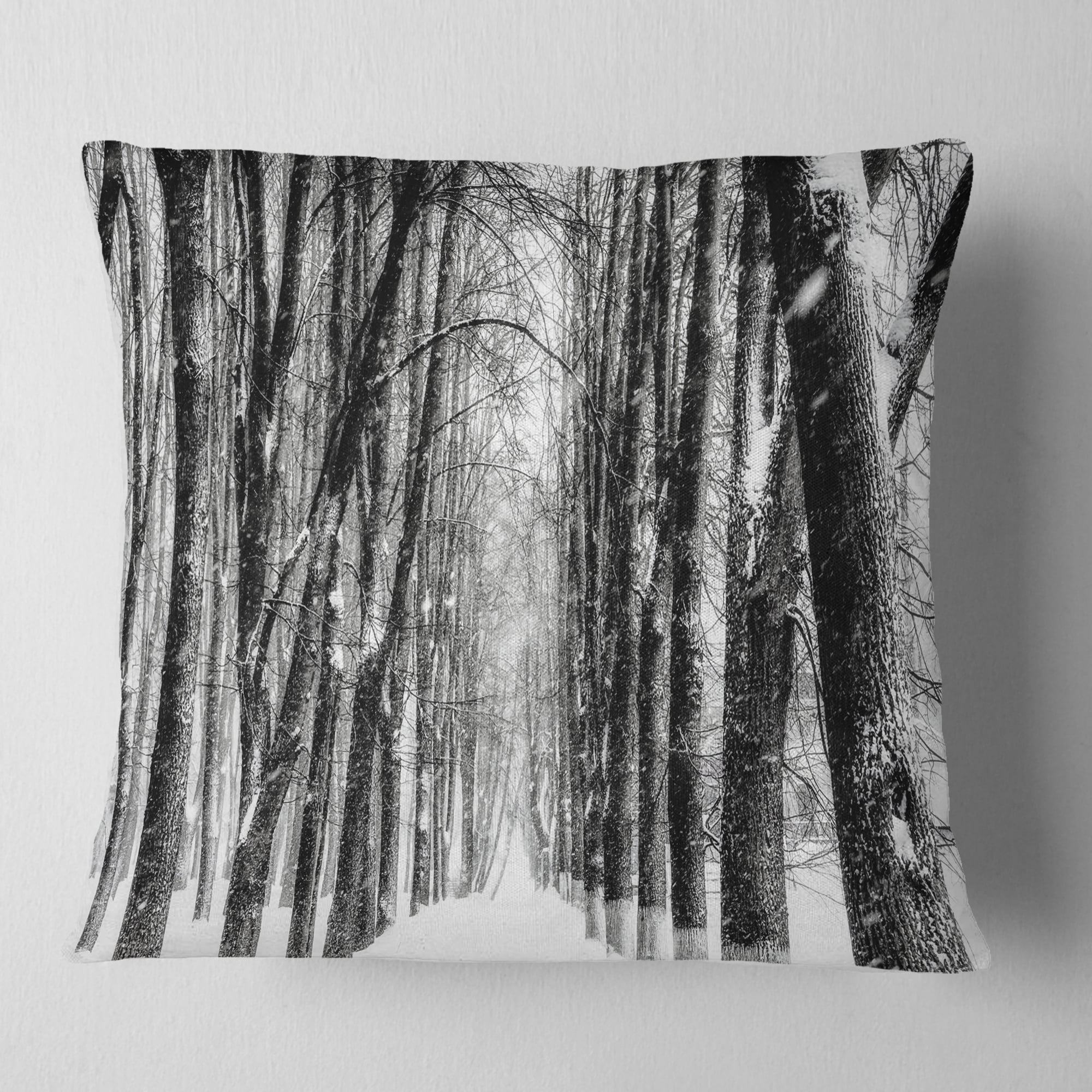 Designart Snowy Forest Black and White - Modern Forest Throw Pillow - 18x18