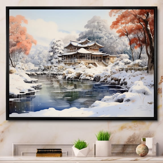Designart "Snowy Hot Bath Japanese Onsen in Winter II" Japan Art Floater Framed Canvas Print