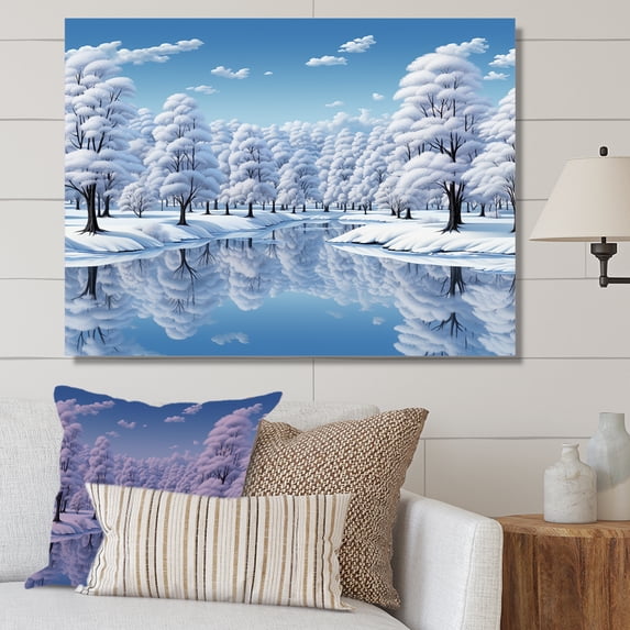Designart "Snowy Lake Landscape Winter's Embrace" Extra Large Landscapes Wall Art - Traditional Blue Winter Landscape Entryway Wall Art