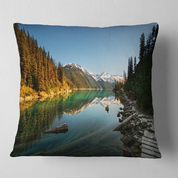 Designart Snowy Path Along Mountain Lake - Landscape Printed Throw Pillow - 16x16