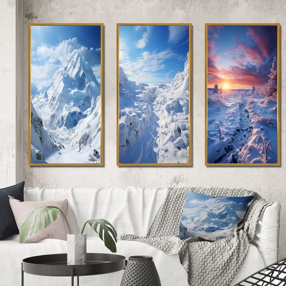 Designart "Snowy Peaks in Winter III" Landscapes Framed Wall Art Set Of 3 - White Winter Landscape Frame Gallery Set For Office Decor
