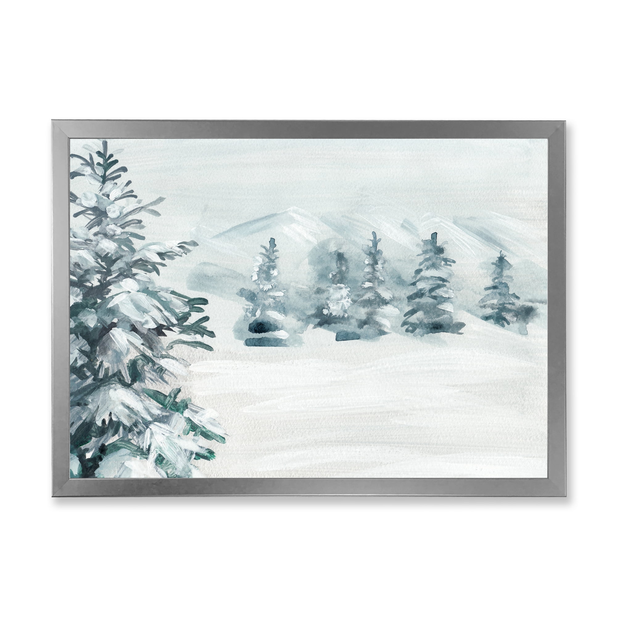 Designart 'Snowy Pine Trees On Mountain' Traditional Framed Art Print