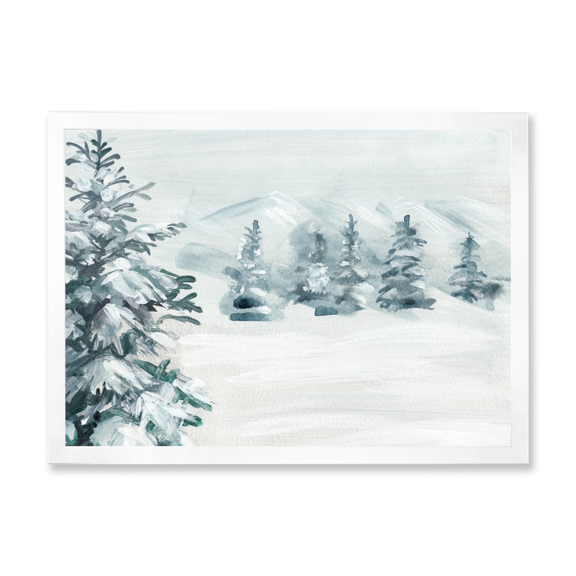 Designart 'Snowy Pine Trees On Mountain' Traditional Framed Art Print