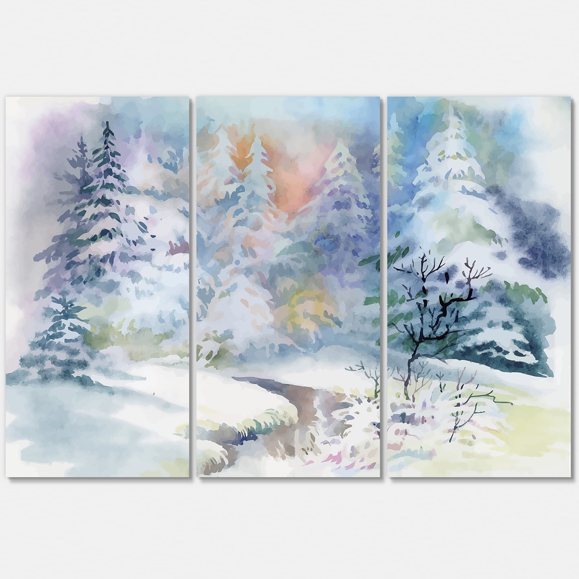 Designart ' Snowy River With Winter Landscape ' Traditional Canvas Wall Art Print