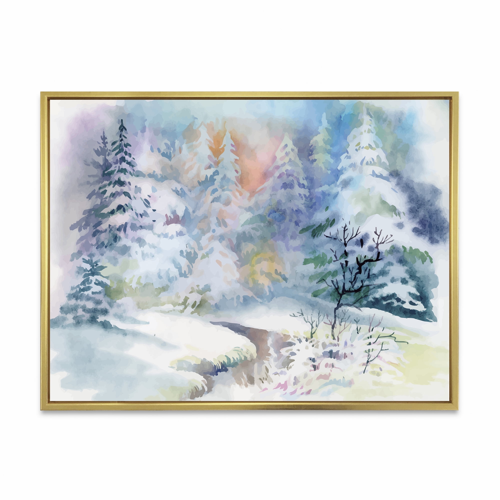 Designart 'Snowy River With Winter Landscape' Traditional Framed Canvas Wall Art Print