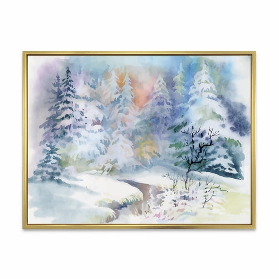 Designart 'Snowy River With Winter Landscape' Traditional Framed Canvas Wall Art Print