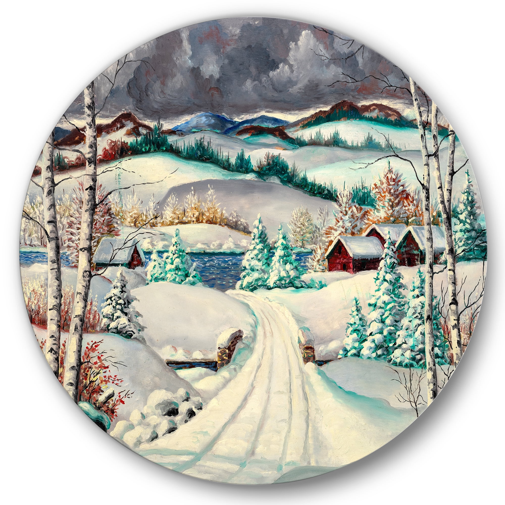 Designart 'Snowy Road In Countryside Winter Landscape' Traditional Circle Metal Wall Art 29x29 - Disc of 29
