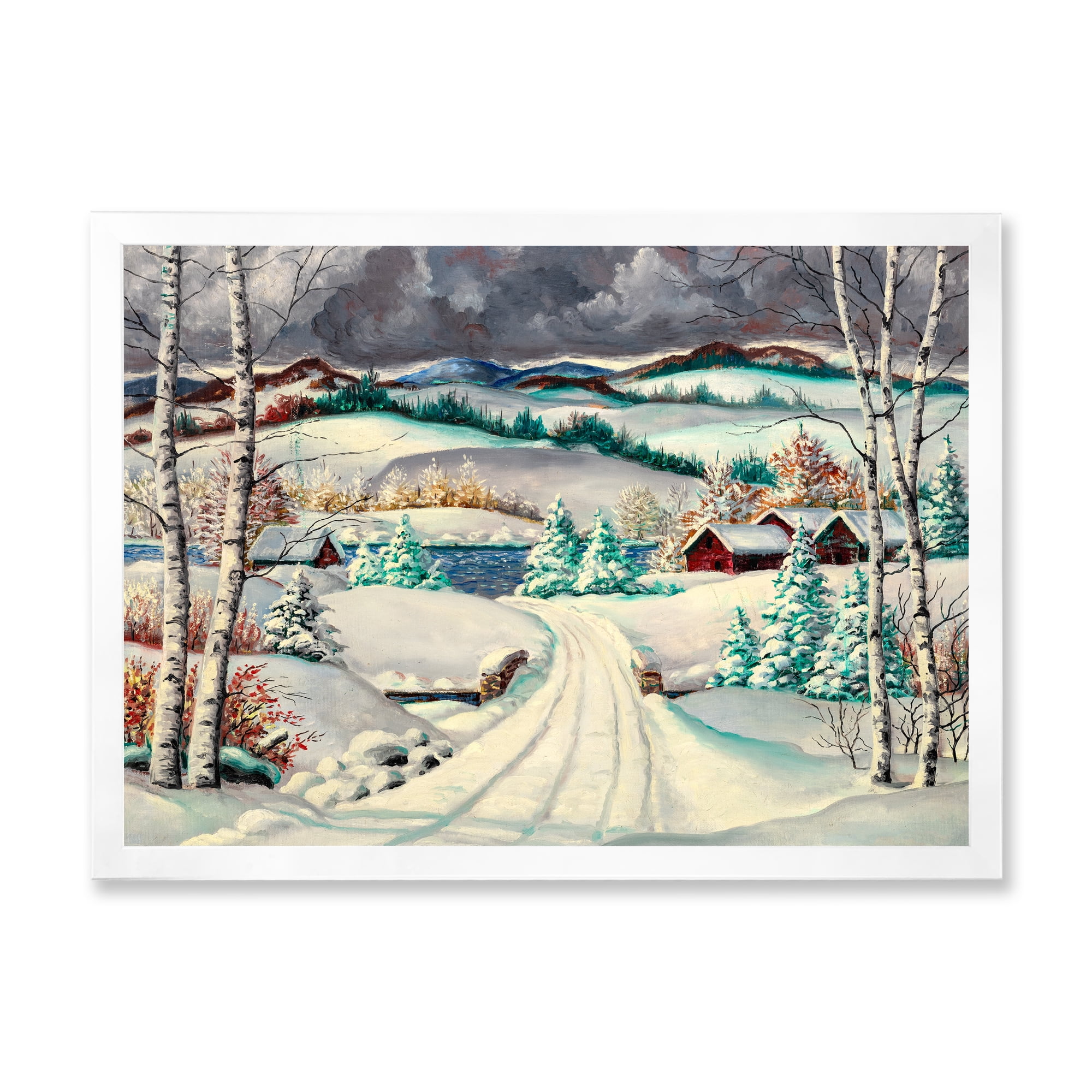 Designart 'Snowy Road In Countryside Winter Landscape' Traditional Framed Art Print