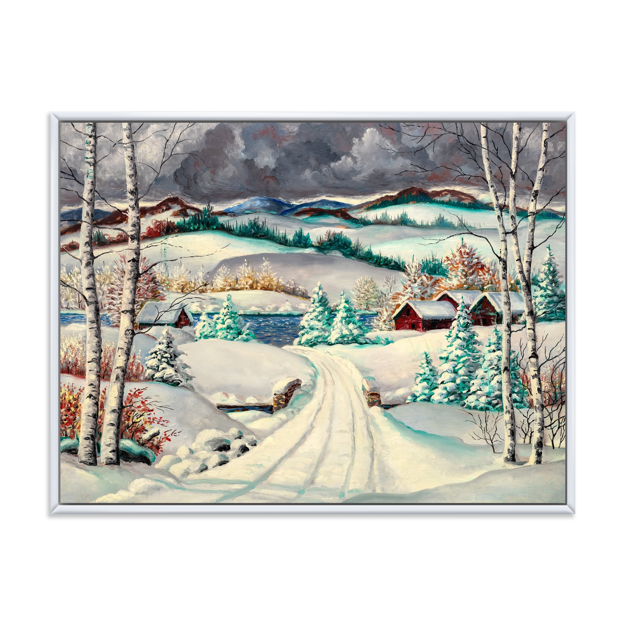 Designart 'Snowy Road In Countryside Winter Landscape' Traditional Framed Canvas Wall Art Print