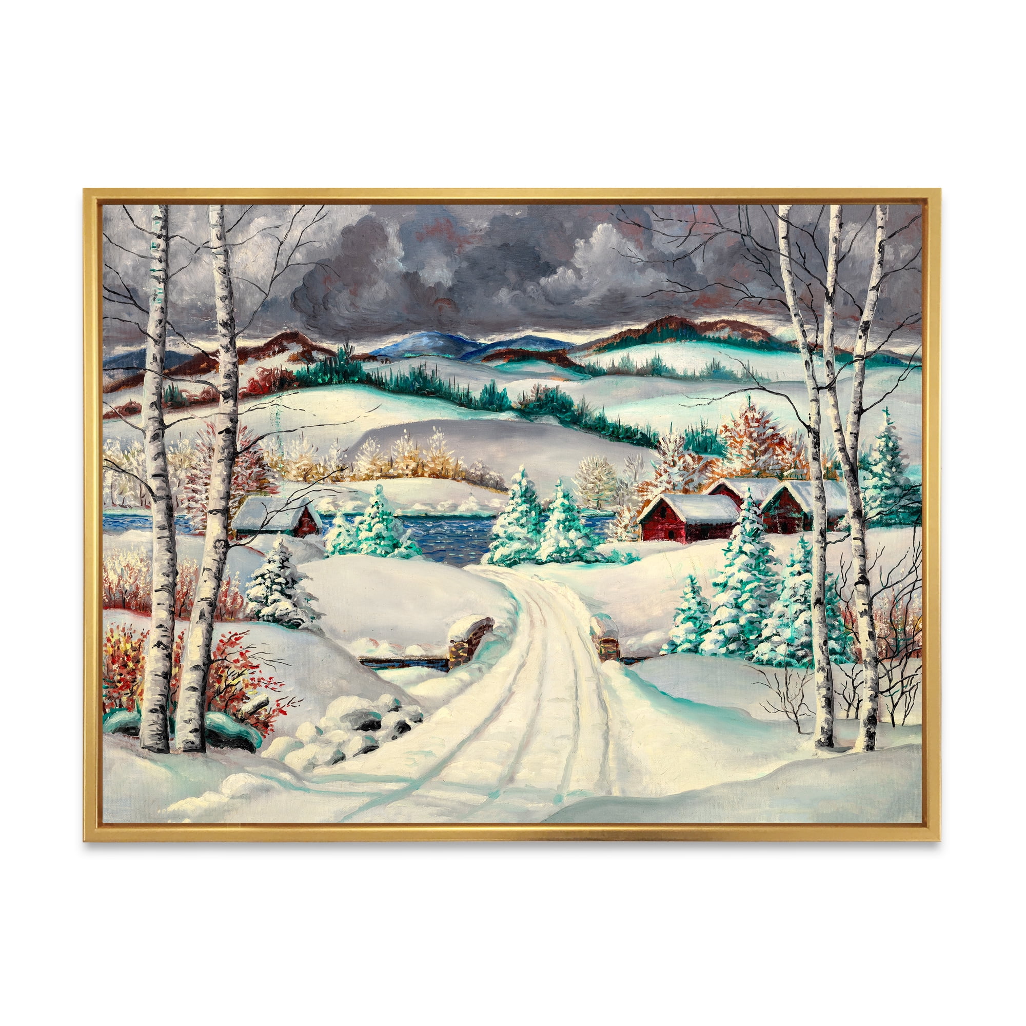 Designart 'Snowy Road In Countryside Winter Landscape' Traditional Framed Canvas Wall Art Print
