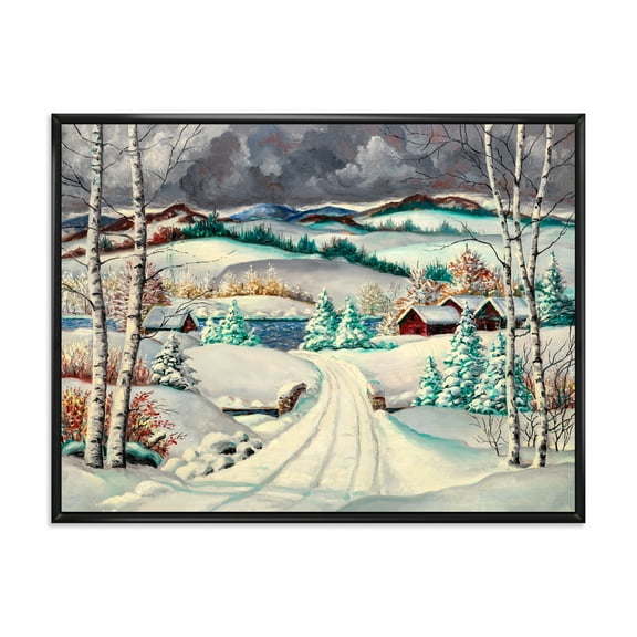 Designart 'Snowy Road In Countryside Winter Landscape' Traditional Framed Canvas Wall Art Print