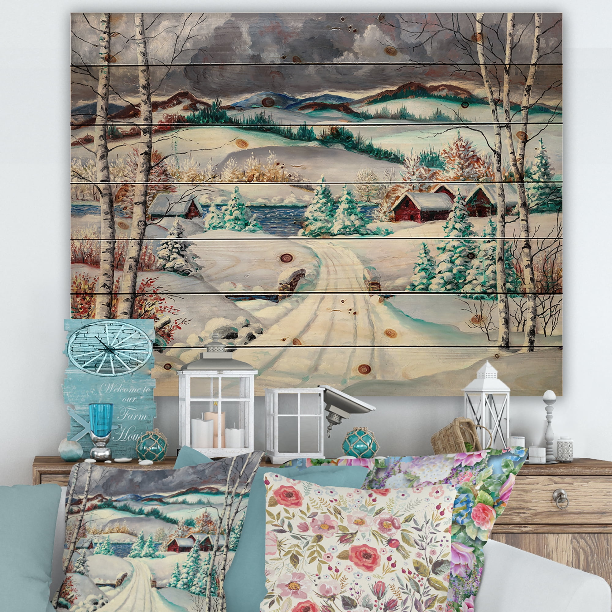 Designart 'Snowy Road In Countryside Winter Landscape' Traditional Print on Natural Pine Wood