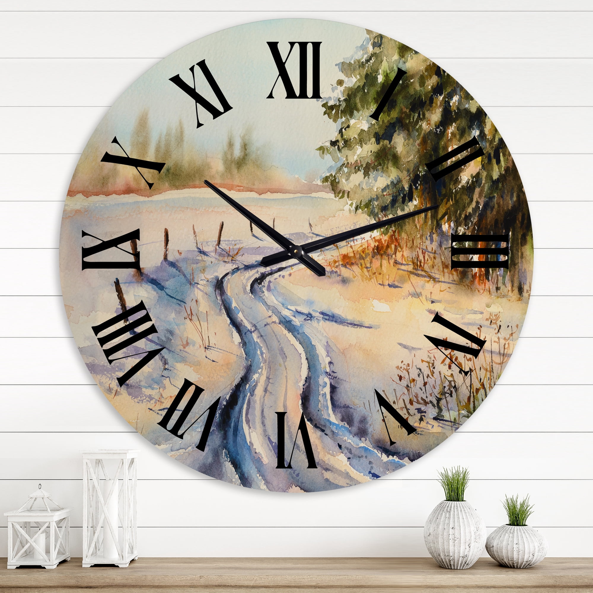 Designart 'Snowy Winter Forest Landscape Country Road In Snow' Traditional Wall Clock