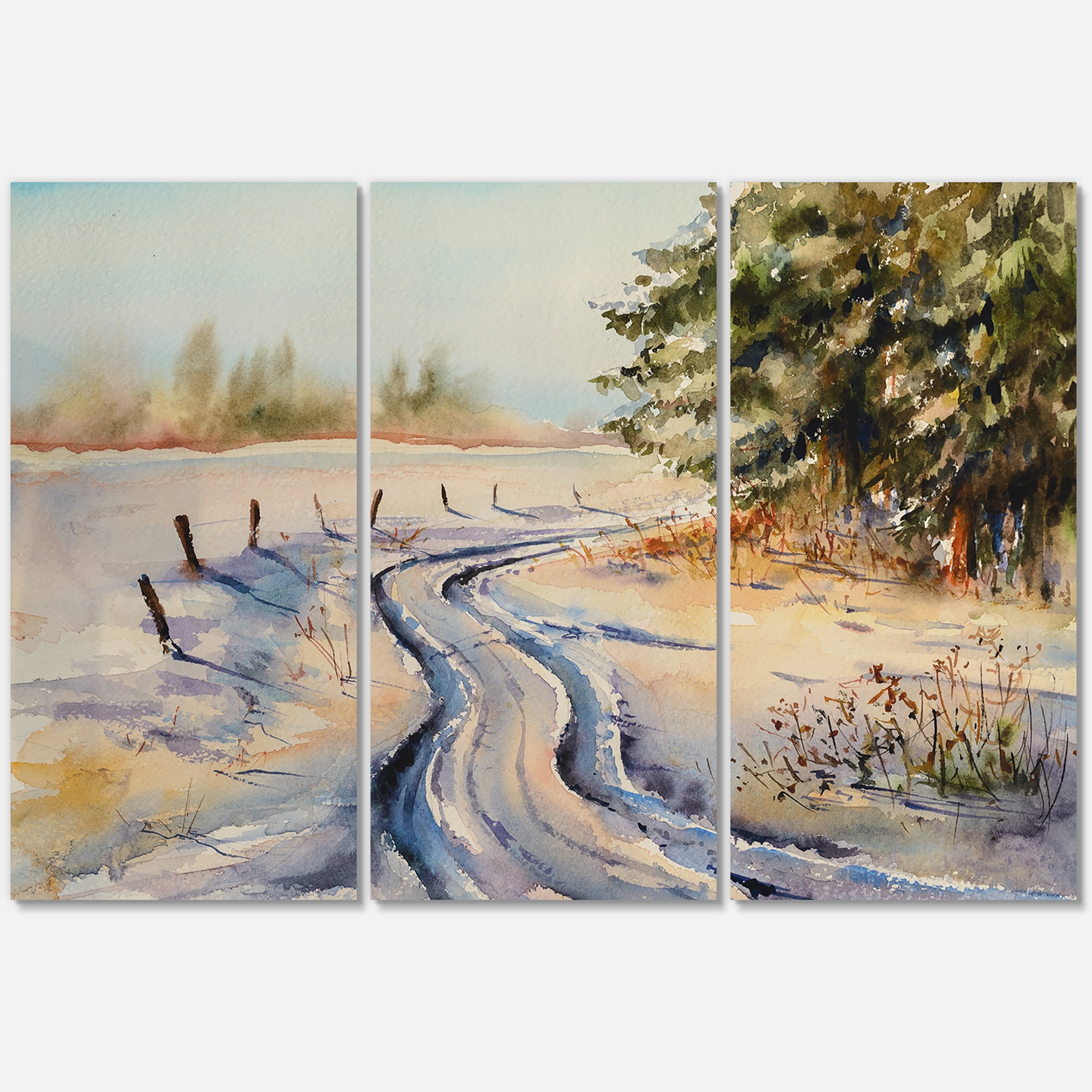 Designart ' Snowy Winter Forest Landscape Rural Road In Snow ' Traditional Canvas Wall Art Print