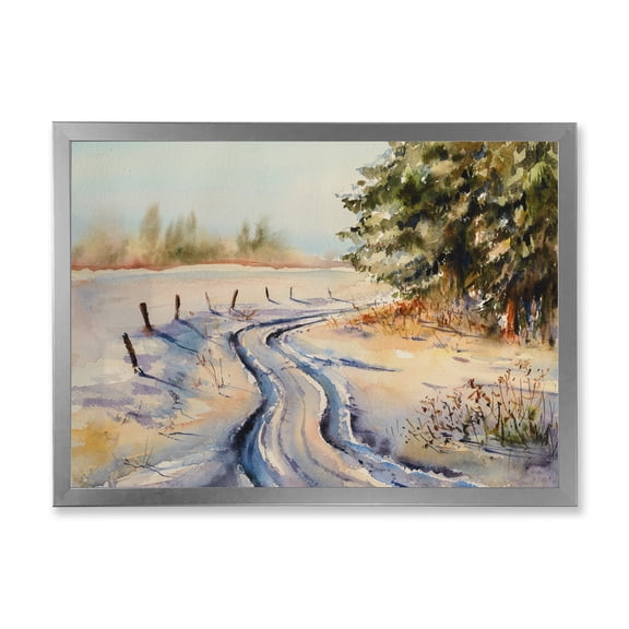 Designart 'Snowy Winter Forest Landscape Rural Road In Snow' Traditional Framed Art Print