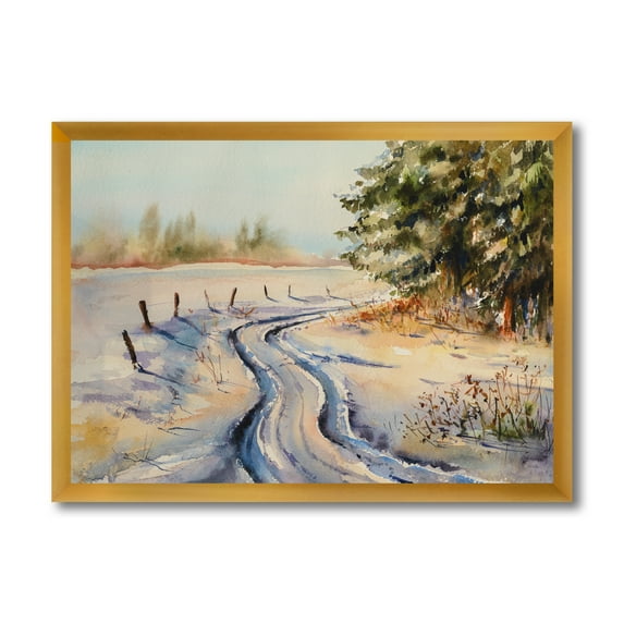 Designart 'Snowy Winter Forest Landscape Rural Road In Snow' Traditional Framed Art Print