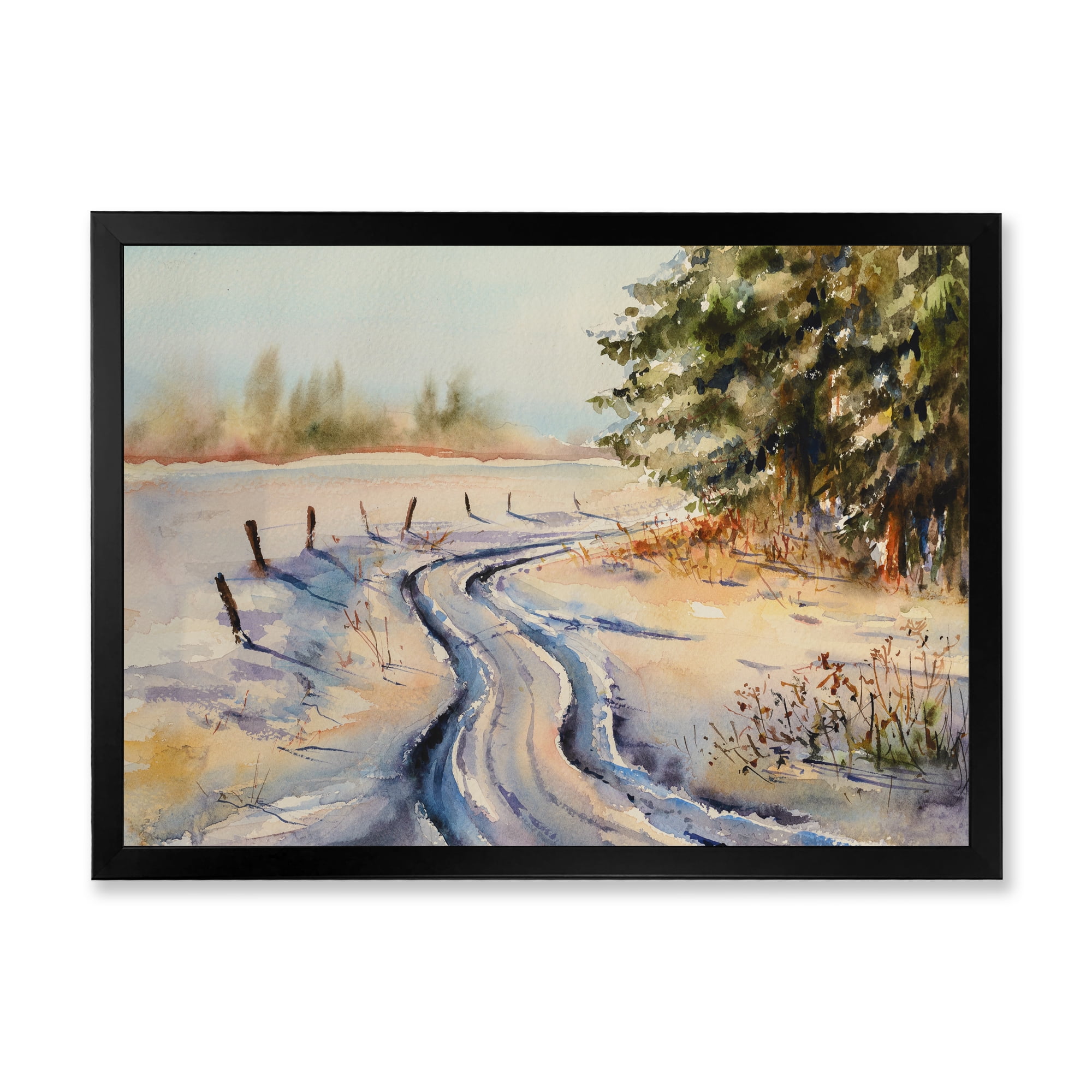 Designart 'Snowy Winter Forest Landscape Rural Road In Snow' Traditional Framed Art Print