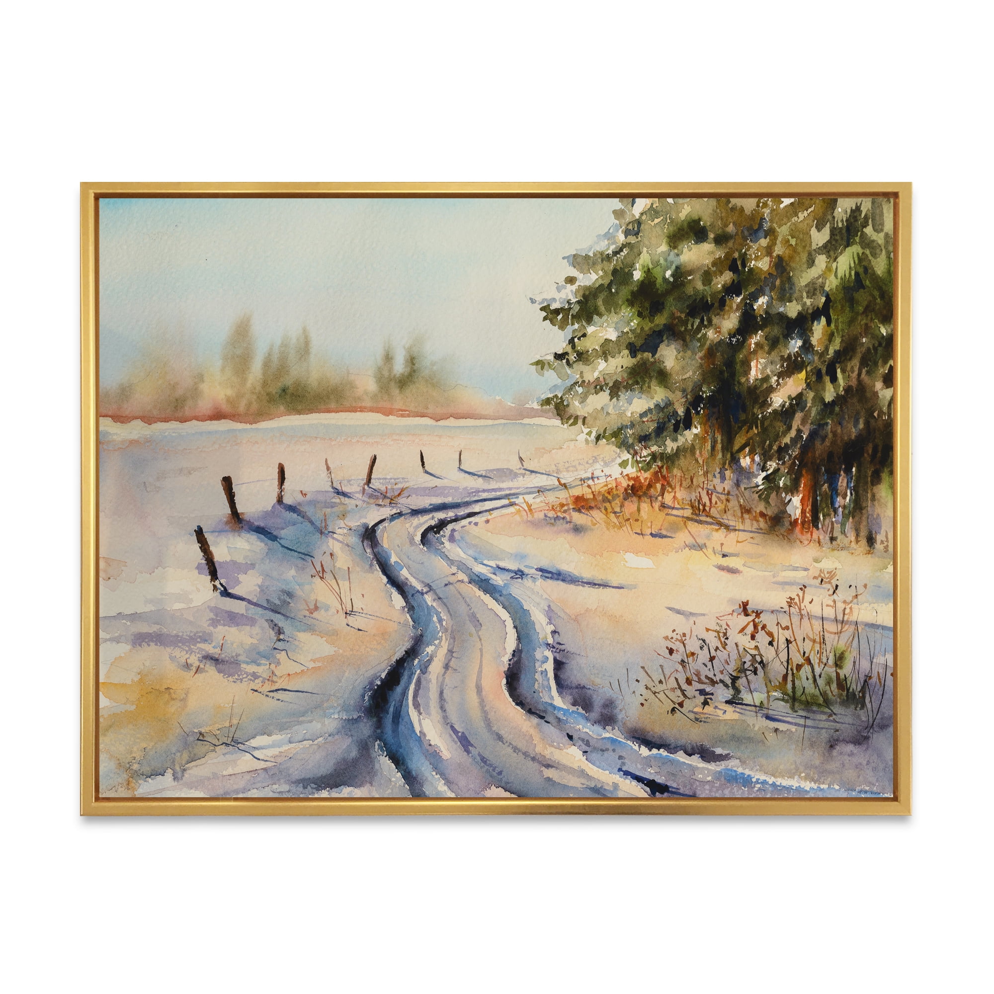 Designart 'Snowy Winter Forest Landscape Rural Road In Snow' Traditional Framed Canvas Wall Art Print