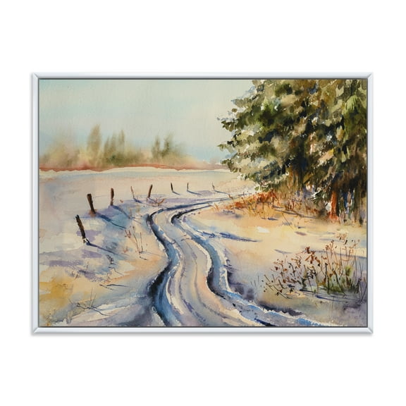 Designart 'Snowy Winter Forest Landscape Rural Road In Snow' Traditional Framed Canvas Wall Art Print