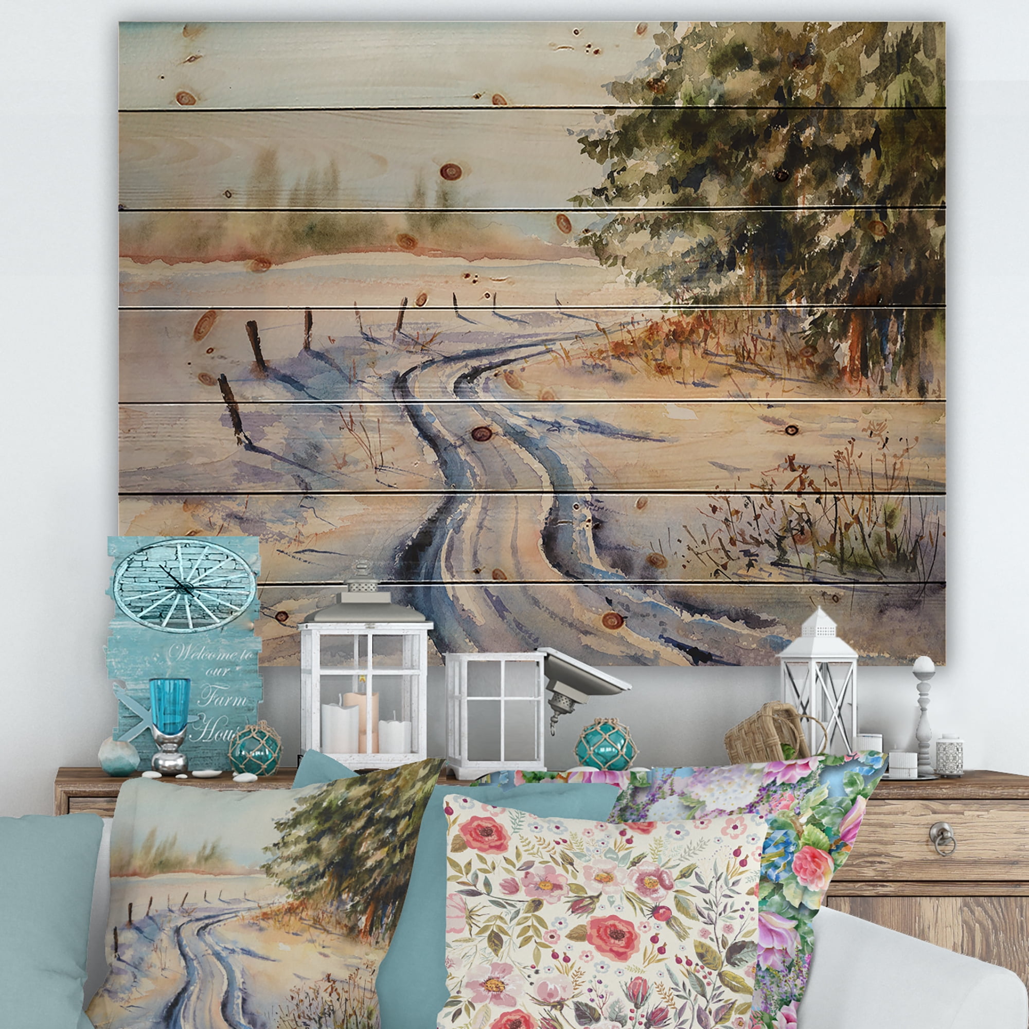 Designart 'Snowy Winter Forest Landscape Rural Road In Snow' Traditional Print on Natural Pine Wood