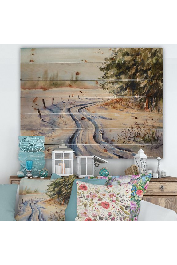 'Snowy Winter Forest Landscape Rural Road In Snow' Traditional Print on Natural Pine Wood