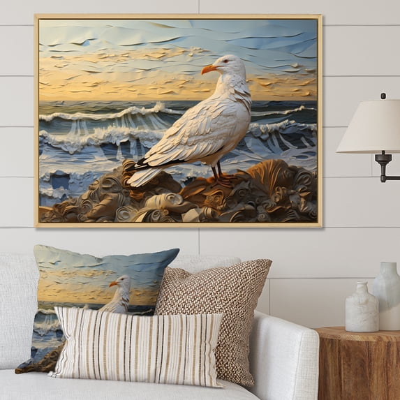 Designart "Soaring Over the Sea Seagull in Flight II" Animals Floater Framed Canvas Wall Art