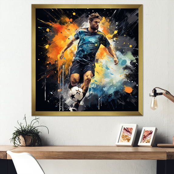 Designart "Soccer Player Green and Yellow Athlete I" Sports Framed Wall Art Decor - Modern Green Soccer Entryway Framed Wall Art Print