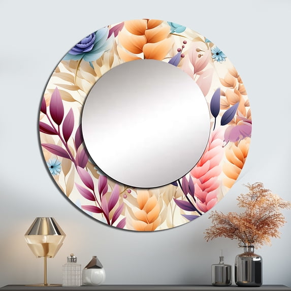 Designart "Soft Boho Fronds" Floral Rund Mirror For Wall Decor - Large Pink Round Print Mirror - Round Cottage Mirror - Wall Mounted Round Large Mirror - 23" x 23"