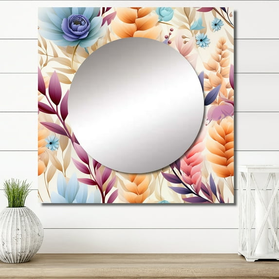 Designart "Soft Boho Fronds" Floral Square Mirror Wall Decor Cottage - Large Pink Square Bathroom Mirror - Square Printed Wall Mirror Art