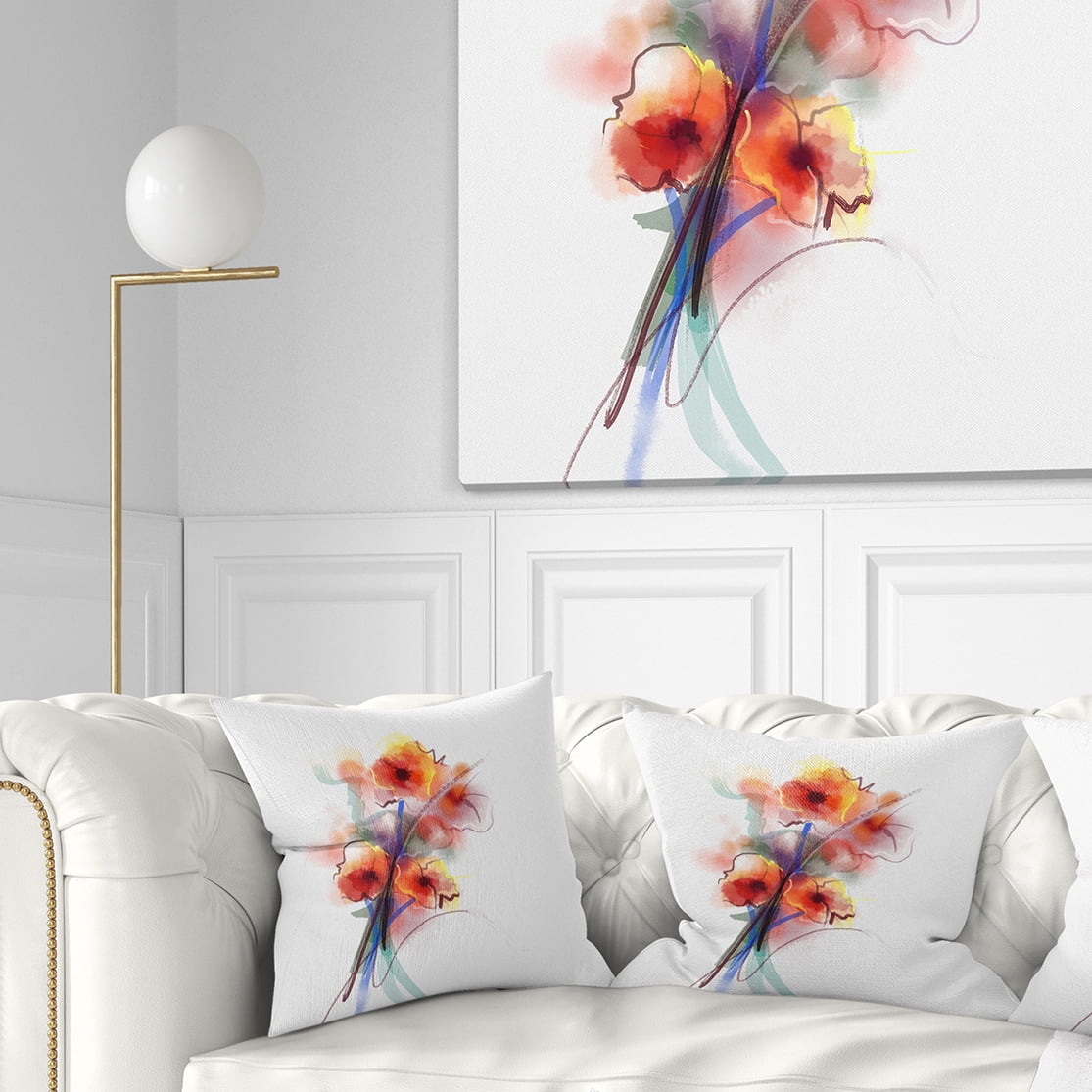 Designart Soft Color Flowers on White Background - Floral Throw Pillow - 16x16