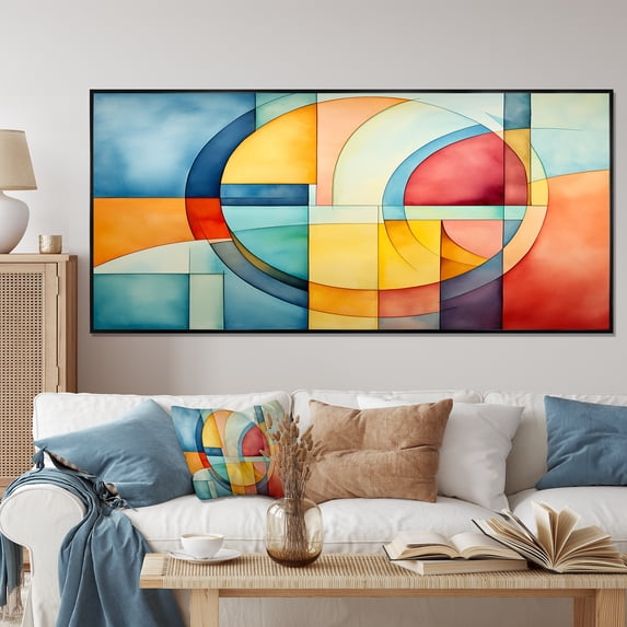 Designart "Soft Colors Tiles Cubic Harmony IV" Extra Large Abstract Framed Wall Art - Modern Colorful Abstract Geometric Entryway Framed Wall Art Print