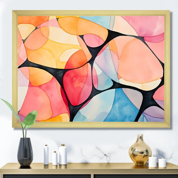 Designart "Soft Colors Tiles Geometric Serenity III" Abstract Framed Wall Art Decor - Modern Yellow Abstract Geometric Living Room Framed Canvas Art