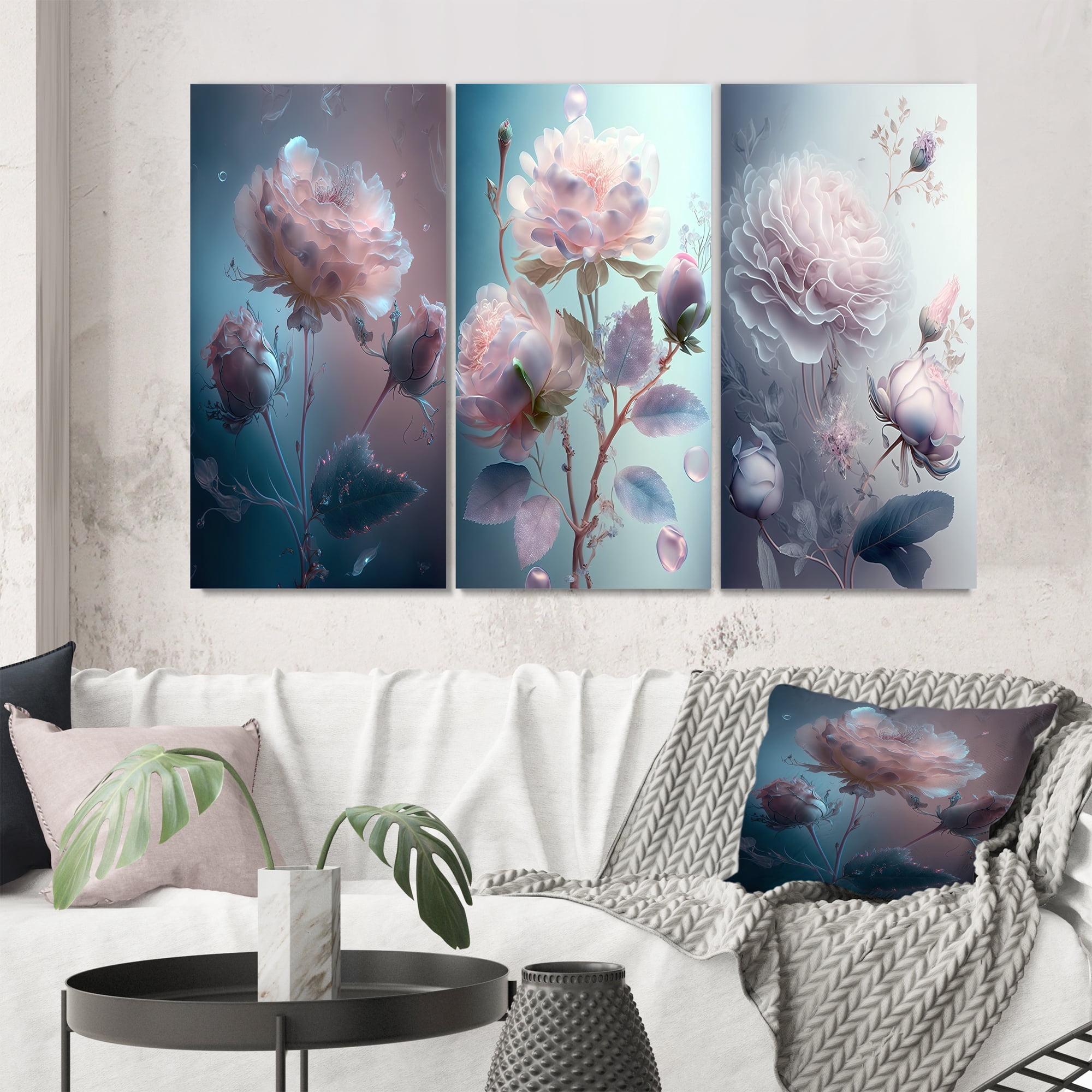 Designart "Soft Ethereal Pink Rose Blossom I" Floral Rose Wall Art Set ...