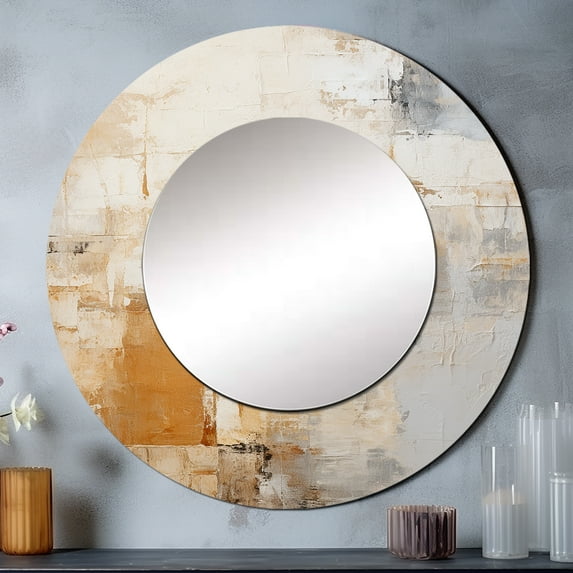 Designart "Soft Fusion Of Gold And Beige Tones" Coastal Pier Beige Large Round Mirror - Round Office Mirror Wall Decor - Coastal Round Printed Mirror - 36" x 36"