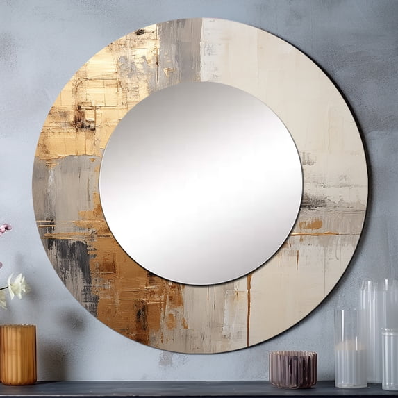 Designart "Soft Fusion Of Gold And Beige Tones" Coastal Pier Rund Mirror For Wall Decor - Large Beige Round Printed Mirror - Coastal Round Office Mirror - 29" x 29"