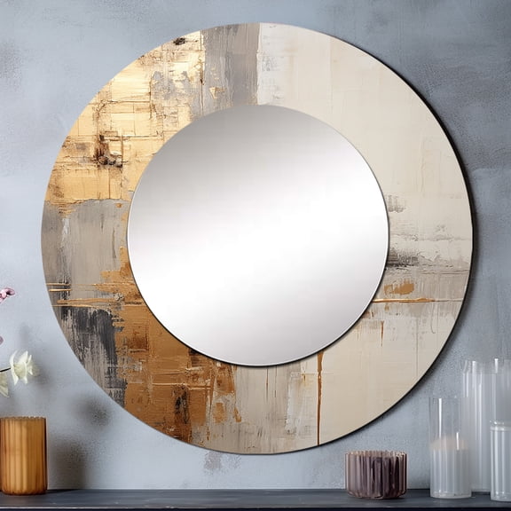 Designart "Soft Fusion Of Gold And Beige Tones" Coastal Pier Rund Mirror For Wall Decor - Large Beige Round Printed Mirror - Coastal Round Office Mirror - 36" x 36"