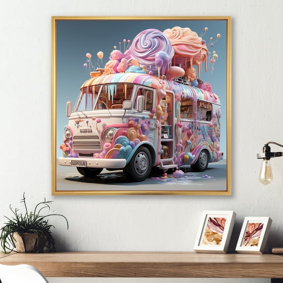 Designart "Soft Hued Ice Cream Vendor III" Truck Floater Framed Wall Art Living Room