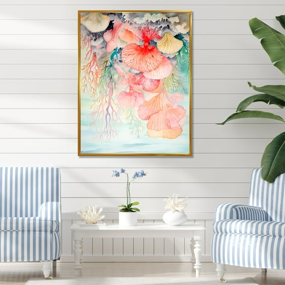 Designart "Soft Hues Coral Watercolor" Coastal Coral Under Water Floater Framed Canvas Prints