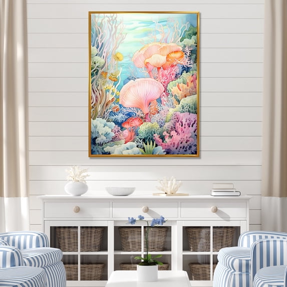 Designart "Soft Hues Coral Watercolor II" Coastal Coral Under Water Floater Framed Wall Decor