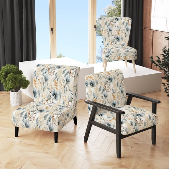 Designart "Soft Neutral Reverie" White Floral Upholstered Accent Chair - Cottage Arm Chair For Living Room