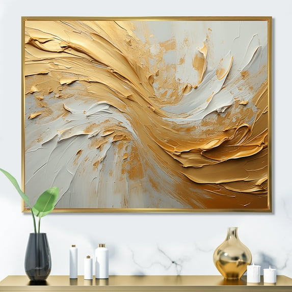 Designart "Soft Painted Waves In Gold And Beige" Abstract Shapes Floater Framed Canvas Wall Art