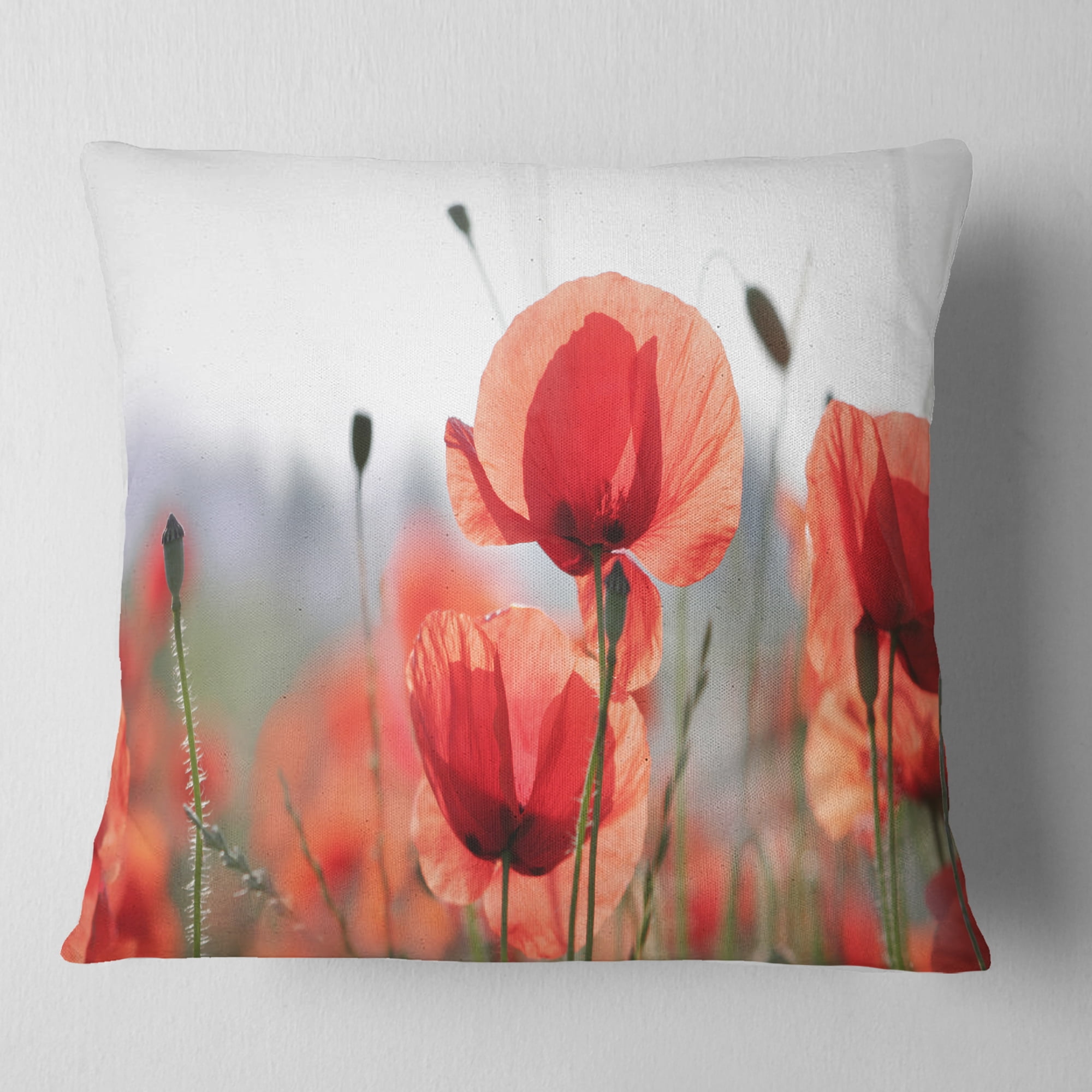 Designart Soft Poppy Flowers Petals View - Floral Throw Pillow - 16x16