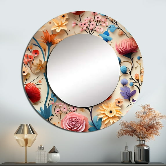 Designart "Soft Spectrum Botanical II" Botanical Rund Mirror For Wall Decor - Large Blue Round Printed Mirror -Bohemian Round Living Room Mirror - 29" x 29"