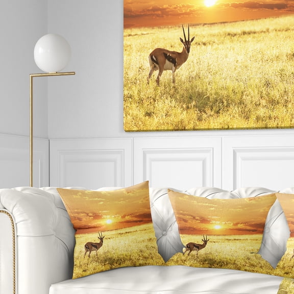 Designart Solitary Antelope in Grassland - African Landscape Printed Throw Pillow - 16x16