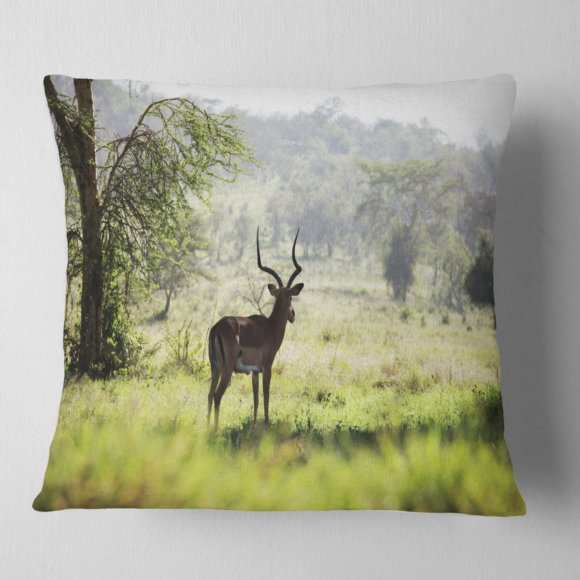 Designart Solitary Antelope in Green Park - African Landscape Printed Throw Pillow - 18x18