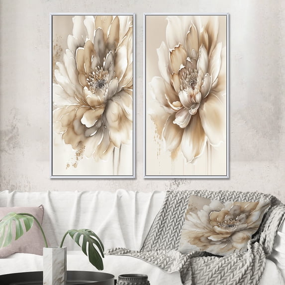 Designart "Solitary Beige Blossom IV" Floral Framed Wall Art Set Of 2 - Beige Floral Frame Gallery Set For Office Decor