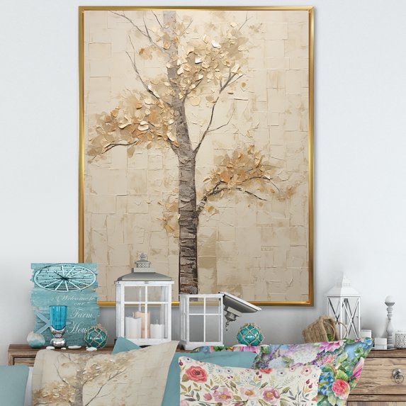 Designart "Solitary Beige Maple Serenity II" Tree Maple Floater Framed Wall Art Living Room