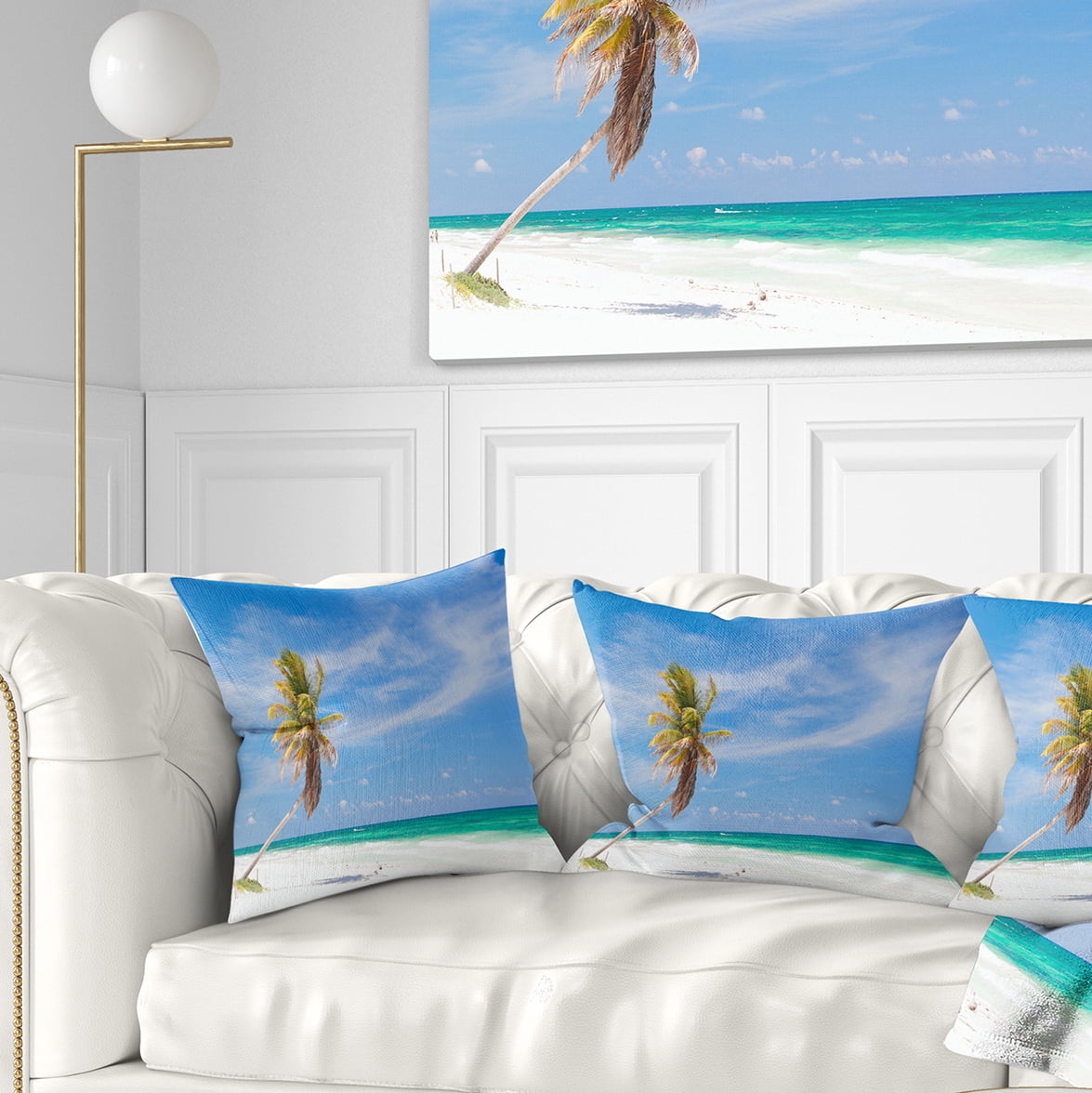 Designart Solitary Coconut Palm at Beach - Seashore Photo Throw Pillow - 18x18